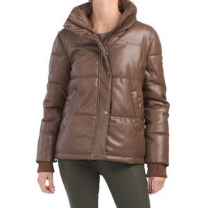 BCBGMAXAZRIA Vegan Faux Leather Puffer Coat Jacket Cocoa Brown Size Medium